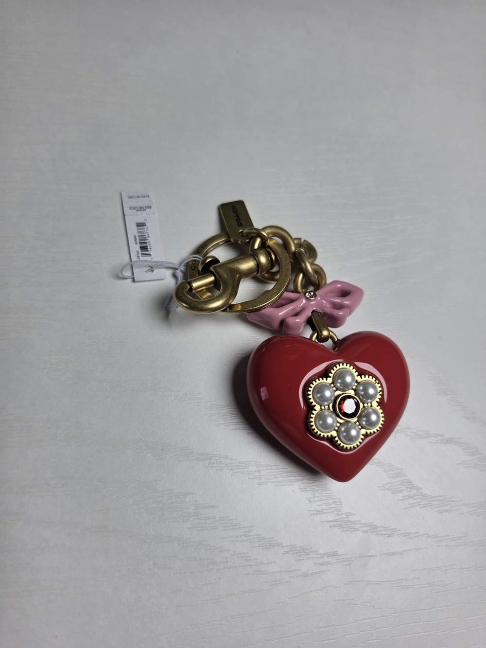 Coach Red Heart Charm Keychain with Pink Bow and Gold Hardware